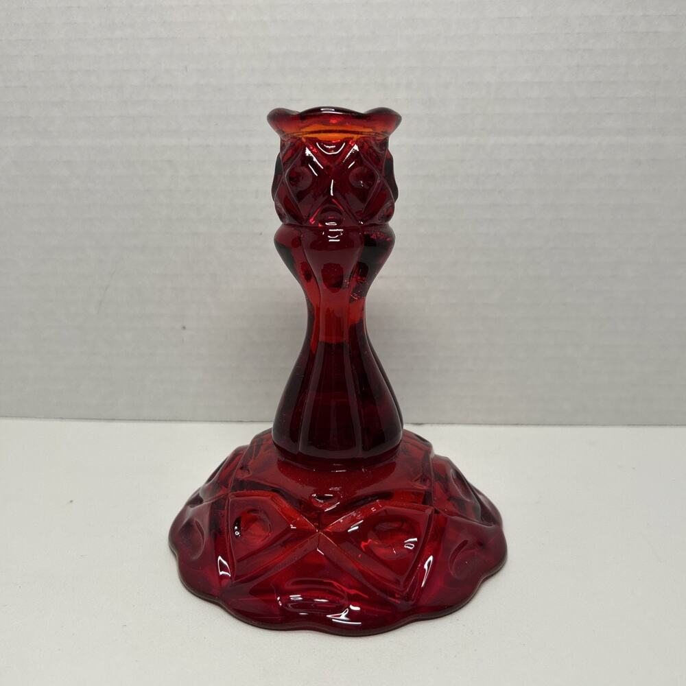 Vtg Viking Glass Ruby Red Diamond Quilted Taper 6" Candlestick UV Cadmium